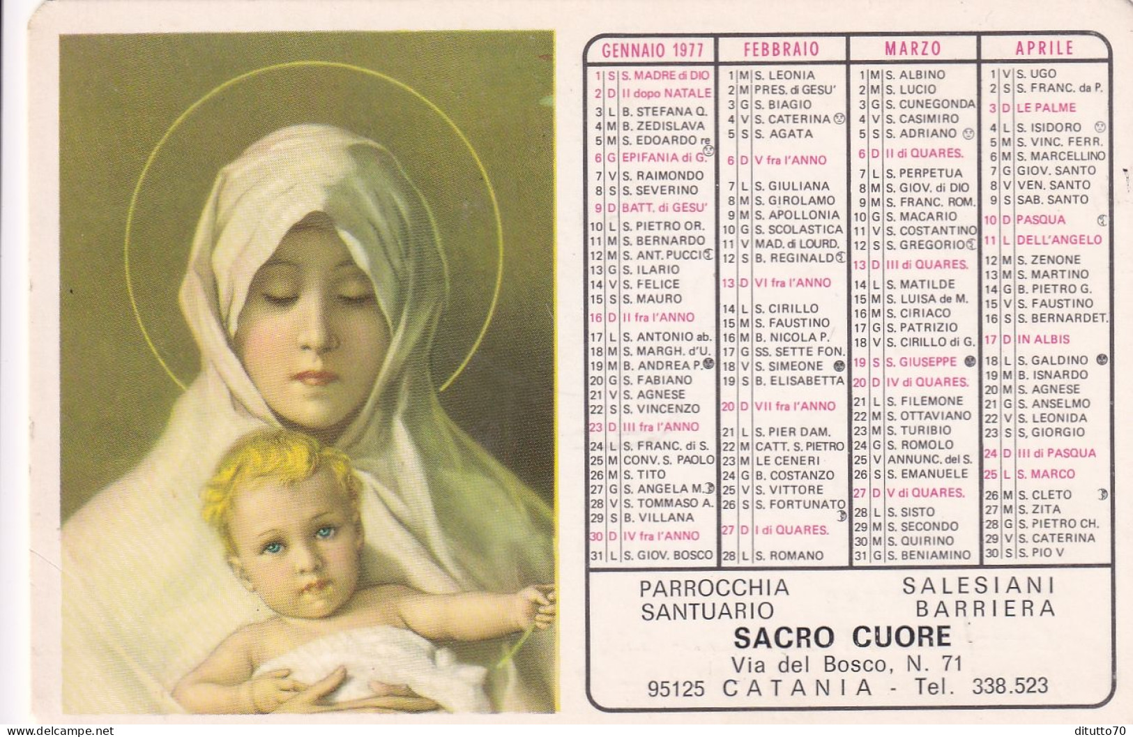 Calendarietto - Parrocchia Santuario Salesiani Barriera - Sacro Cuore - Catania - Anno 1977 - Petit Format : 1971-80