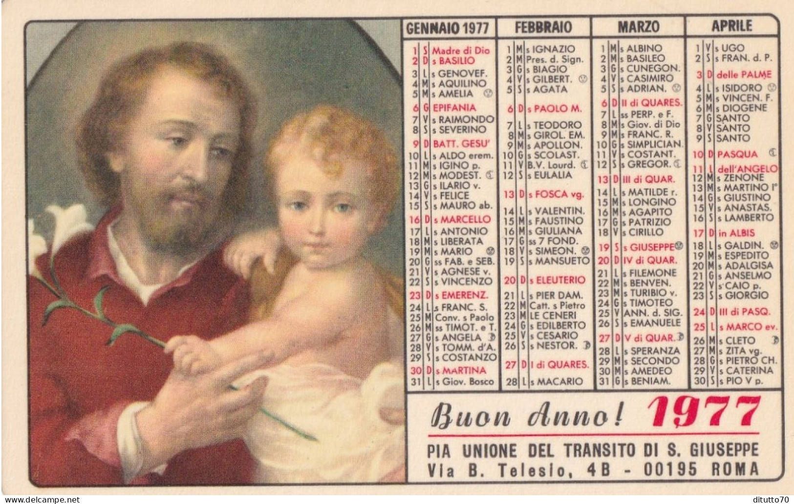 Calendarietto - Pia  Unione Transito Di S.giuseppe - Roma - Anno 1977 - Small : 1971-80
