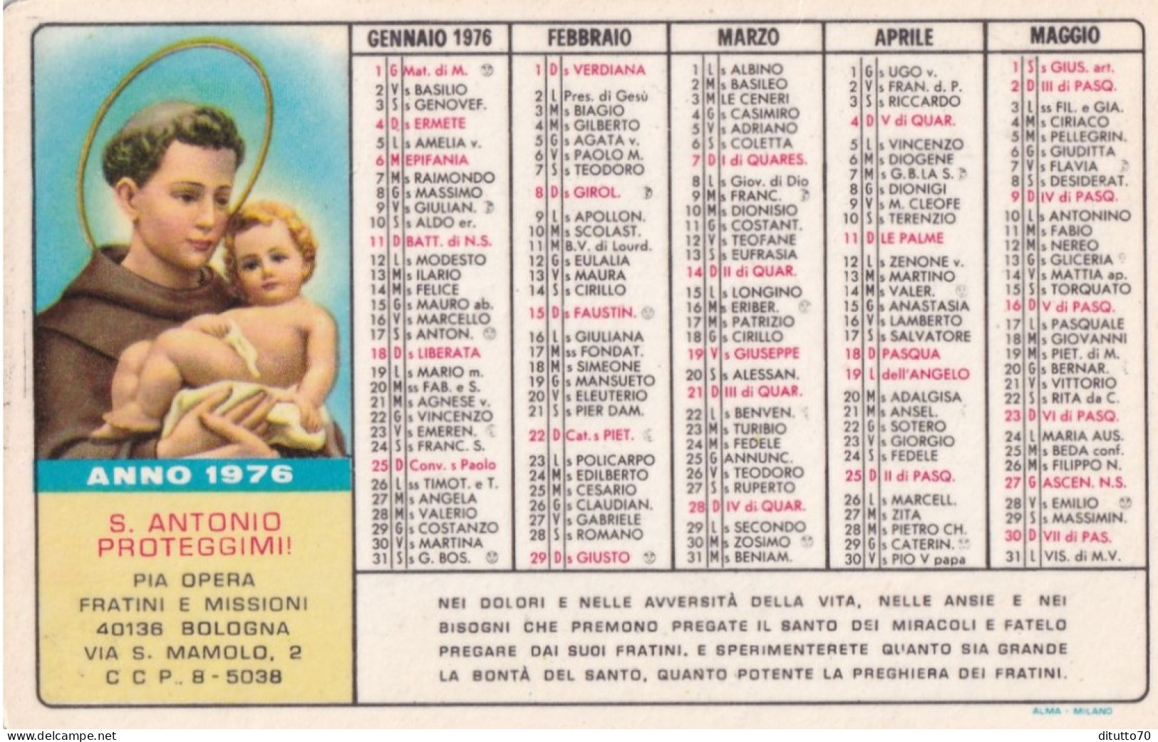 Calendarietto - Pia Opera Fratini E Missioni - Bologna - Anno 1976 - Kleinformat : 1971-80