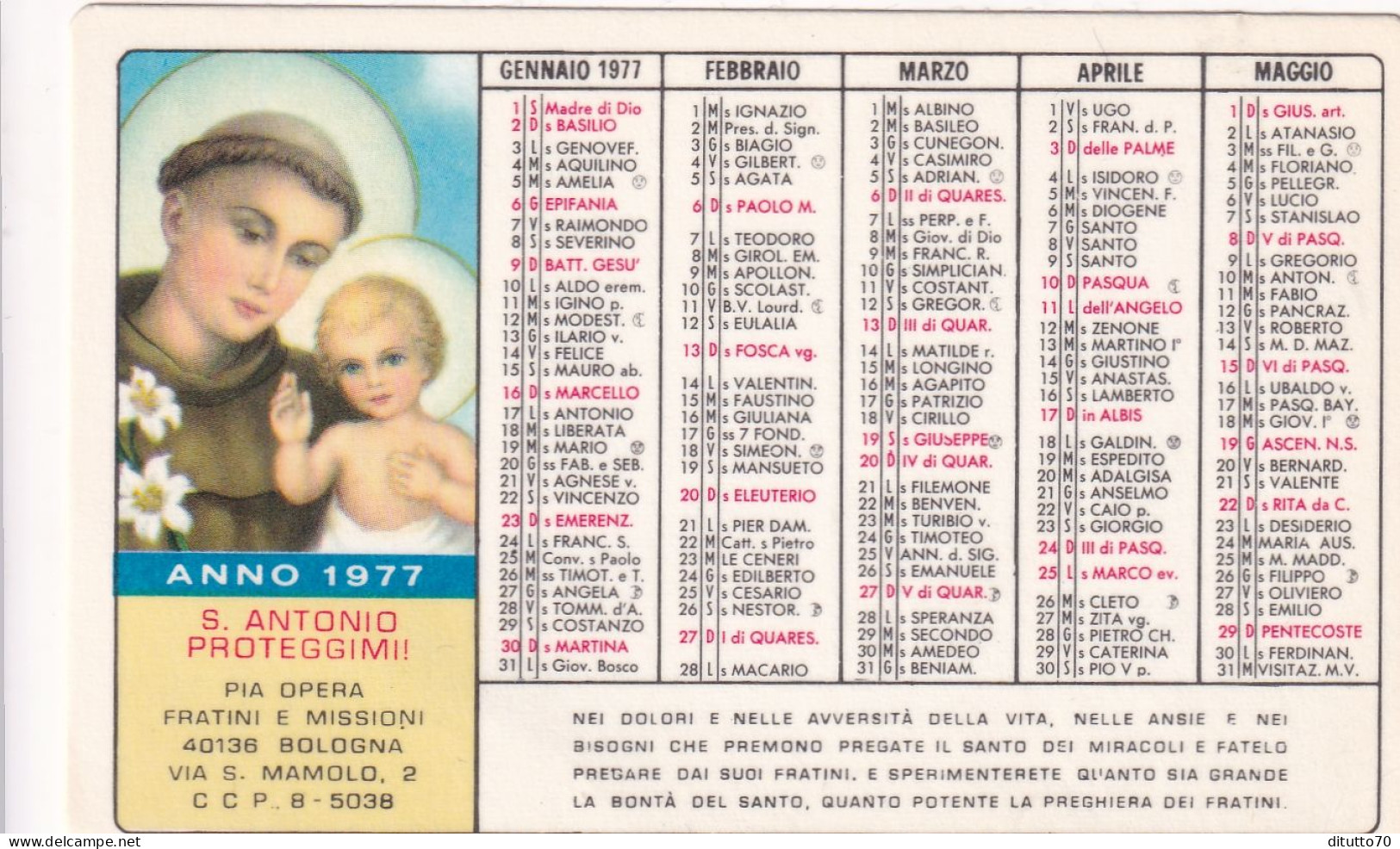 Calendarietto - Pia Opera Fratini E Missioni - Bologna - Anno 1977 - Formato Piccolo : 1971-80