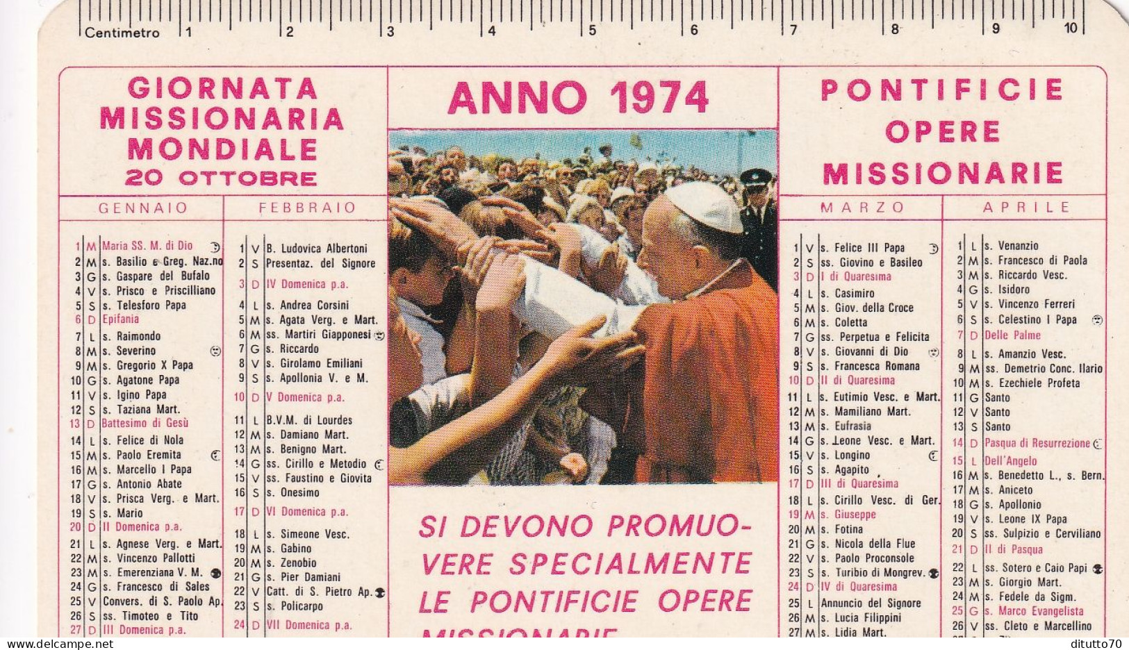 Calendarietto - Pontificie Opere Missionarie - Roma - Anno 1974 - Small : 1971-80