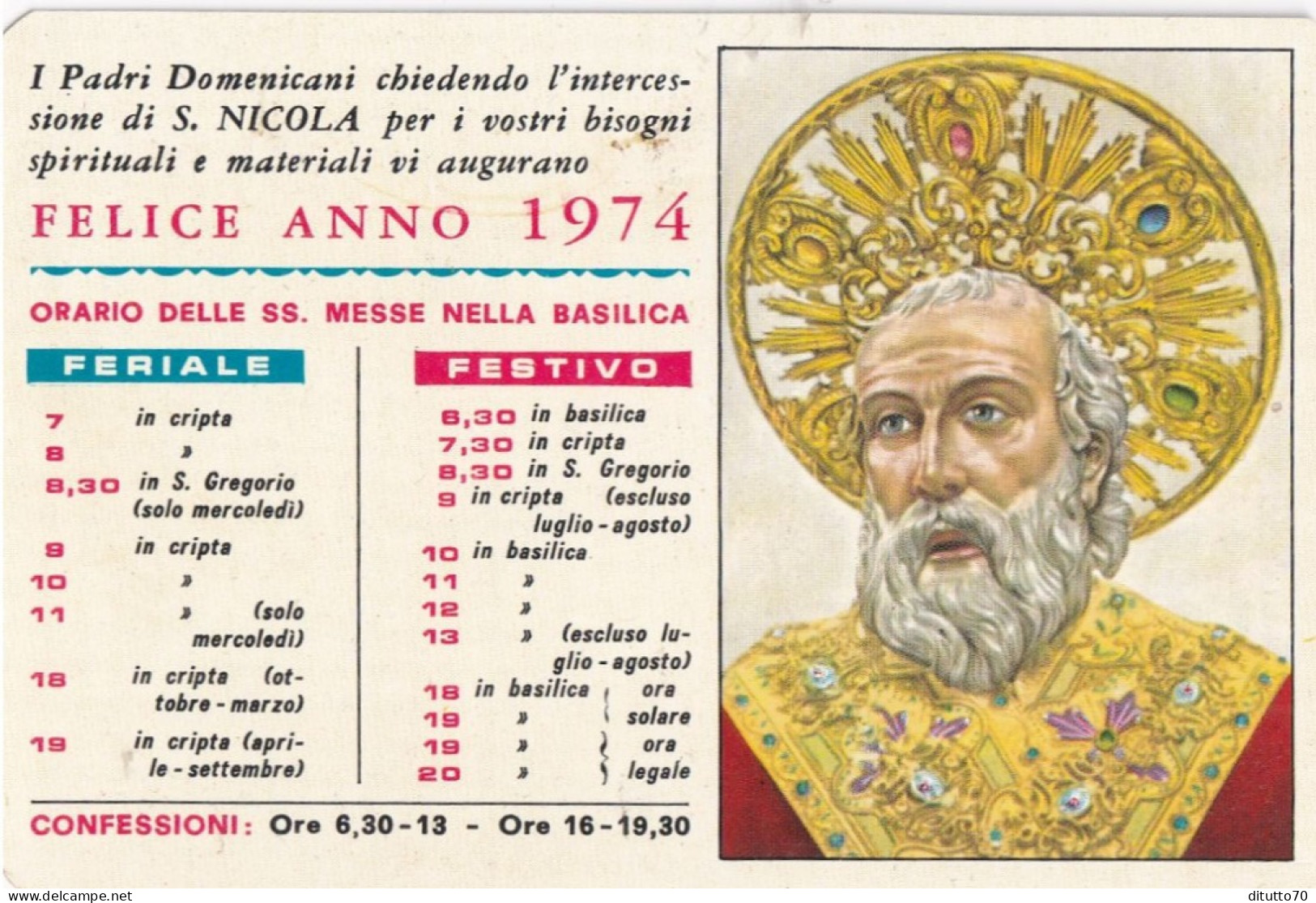 Calendarietto - Pontificio Bailica S.nicola - Pp.domenicani - Bari - Anno 1974 - Formato Piccolo : 1971-80