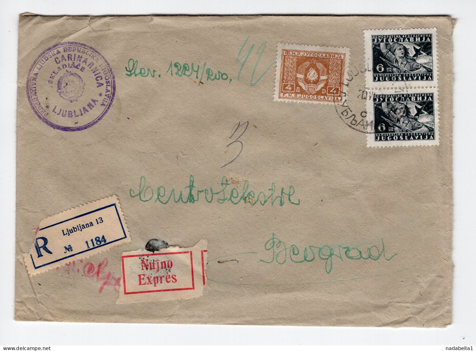 1949. YUGOSLAVIA,SLOVENIA,LJUBLJANA,CUSTOM OFFICE,RECORDED,EXPRESS COVER SENT TO BELGRADE - Brieven En Documenten