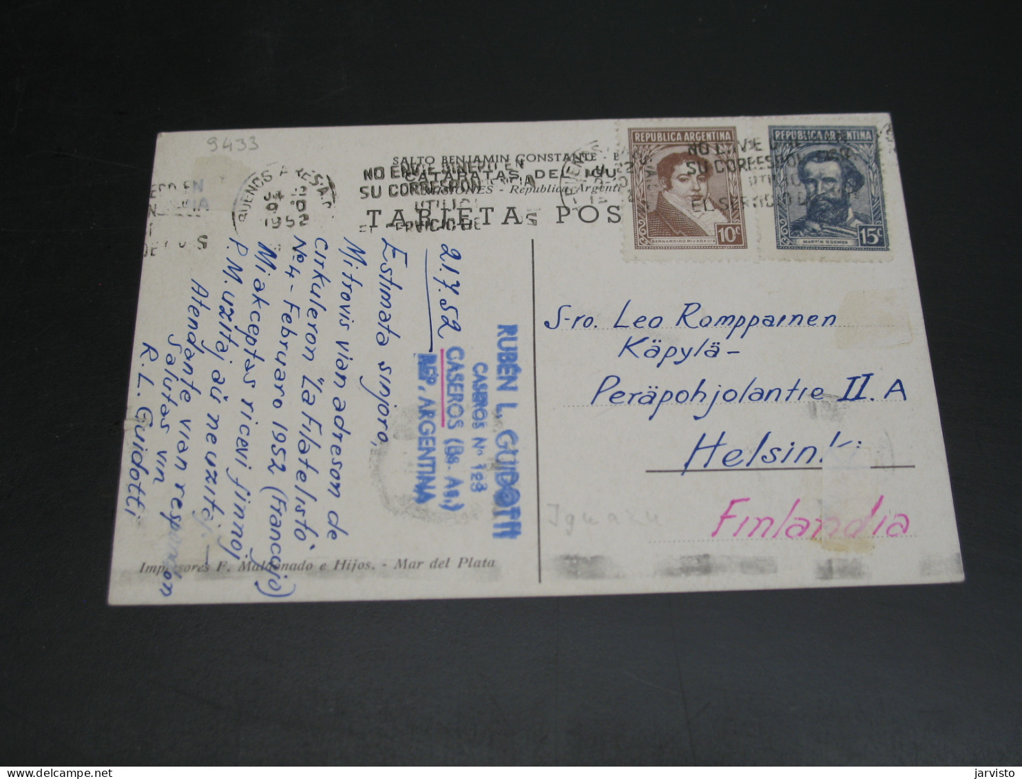 Argentina 1952 Post Card To Finland Paper Stuck *9433 - Sonstige & Ohne Zuordnung