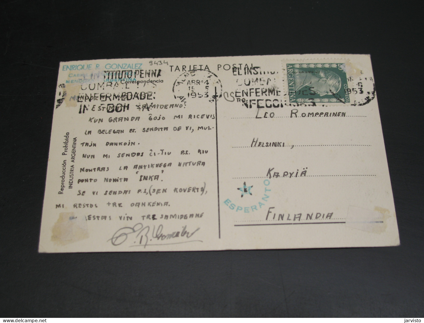 Argentina 1953 Post Card To Finland Paper Stuck *9434 - Andere & Zonder Classificatie