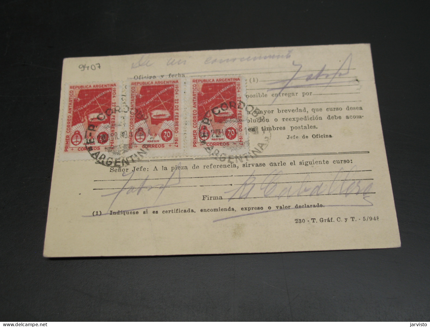 Argentina 1949 Postcard Fold Pin Hole *9407 - Autres & Non Classés