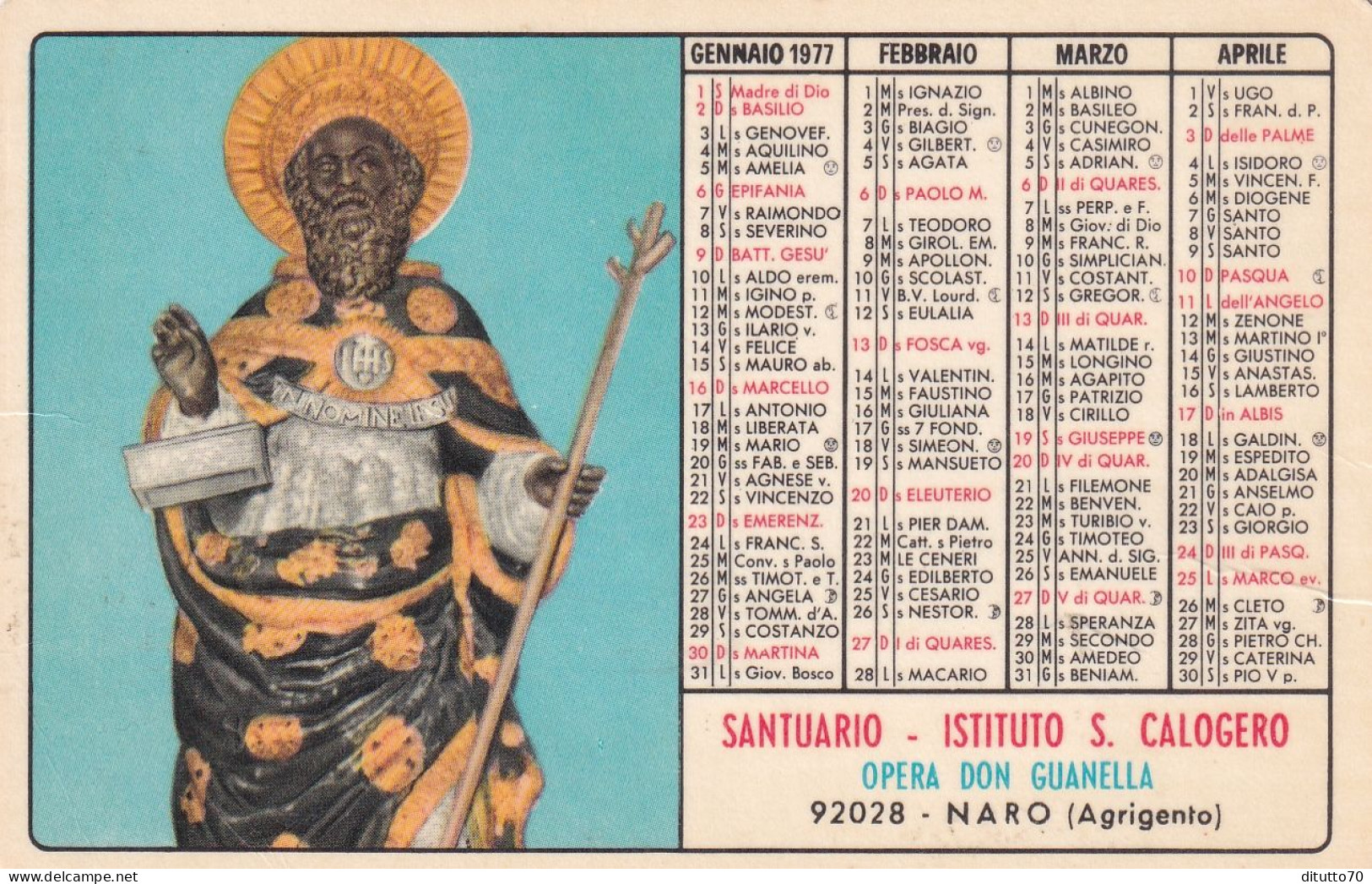 Calendarietto - Santuario - Istituto S.calogero - Opera Don Guanella - Naro - Agrigento - Anno 1977 - Formato Piccolo : 1971-80