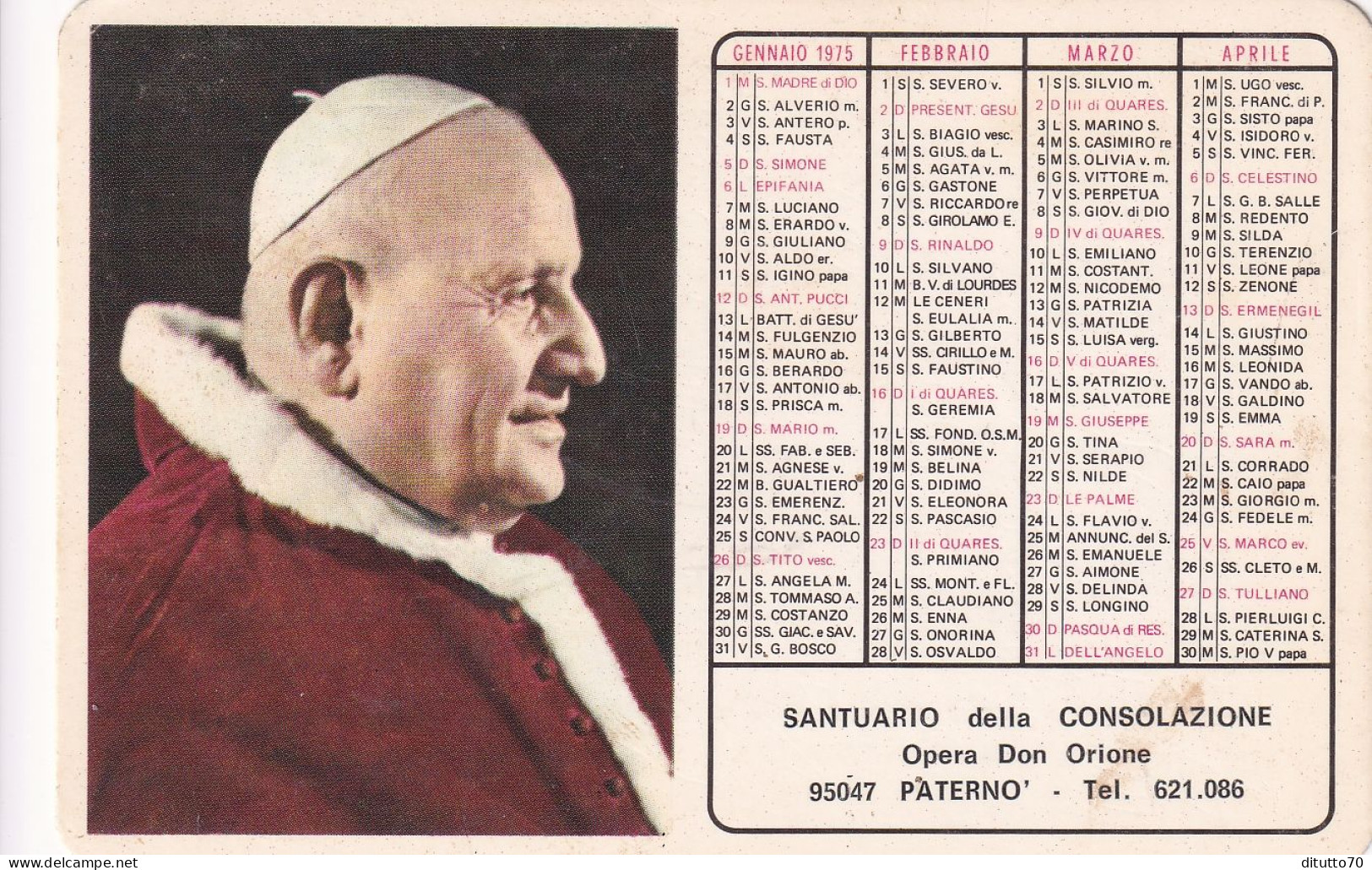 Calendarietto - Santuario Della Consolazione - Opera Don Orione - Paternò - Anno 1975 - Small : 1971-80
