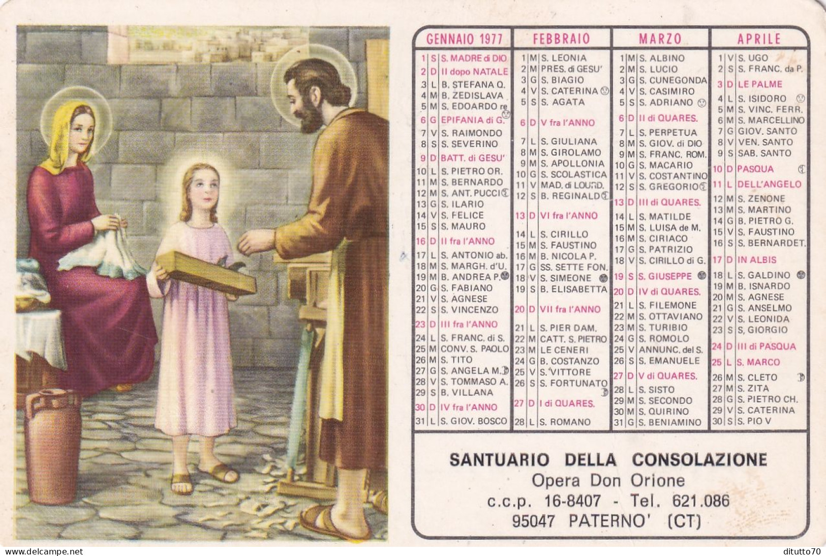 Calendarietto - Santuario Della Consolazione - Opera Don Orione - Paternò - Anno 1977 - Small : 1971-80