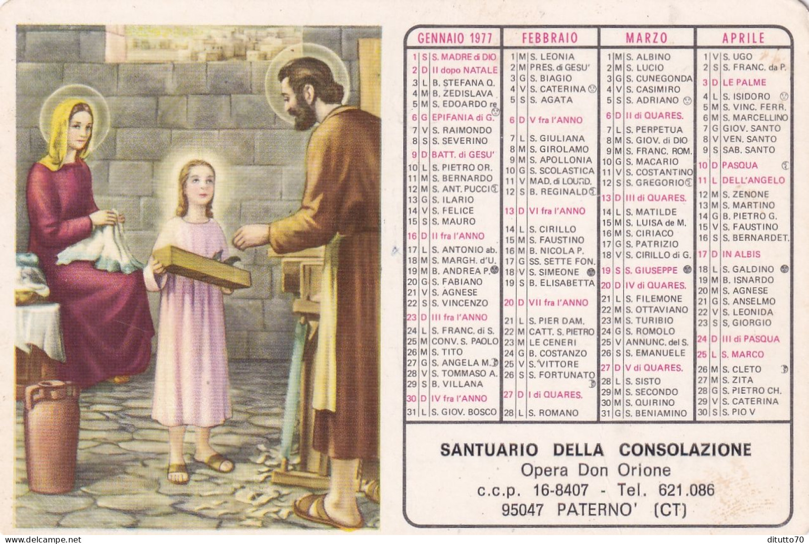 Calendarietto - Santuario Della Consolazione - Opera Don Orione - Paternò - Anno 1977 - Tamaño Pequeño : 1971-80