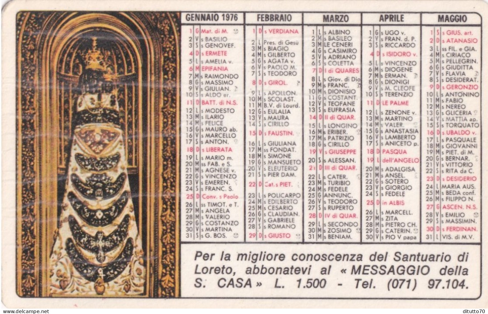 Calendarietto - Santuario Di Loreto - Anno 1976 - Klein Formaat: 1971-80