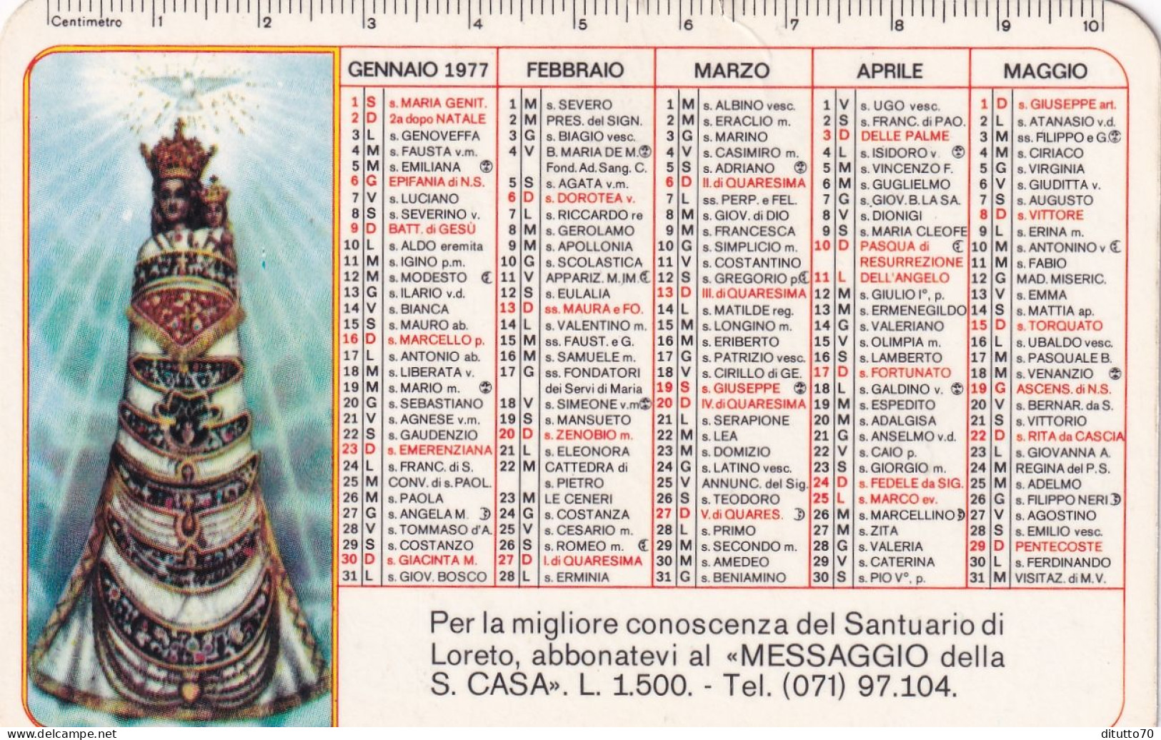 Calendarietto - Santuario Di Loreto - Anno 1977 - Tamaño Pequeño : 1971-80