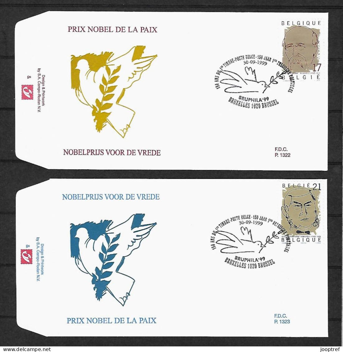 1999 Joint Belgium And Sweden, SET OF 2 FDC'S BELGIUM WITH 1 STAMP ON EACH: Nobel Prize Peace Winners - Emissioni Congiunte