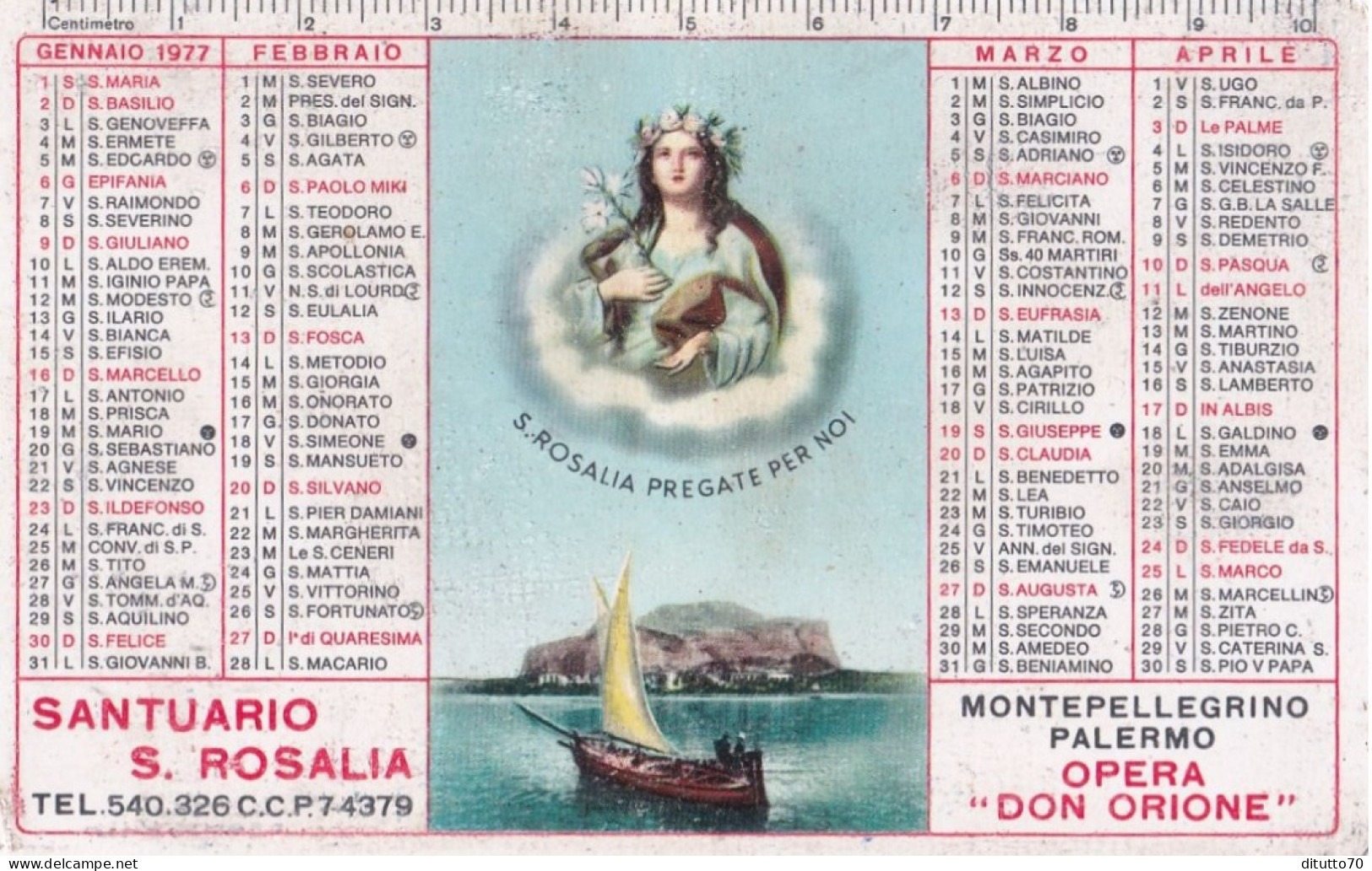 Calendarietto - Santuario S.rosalia - Opera Don Orione - Montepellegrino Palermo - Anno 1977 - Formato Piccolo : 1971-80