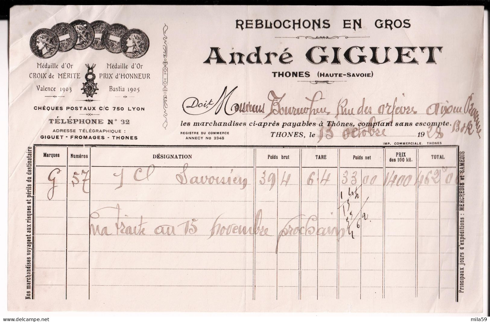 Reblochons En Gros. André Giguet. Thones. à Ms Bourue Frères à Aix. 1928. - Other & Unclassified