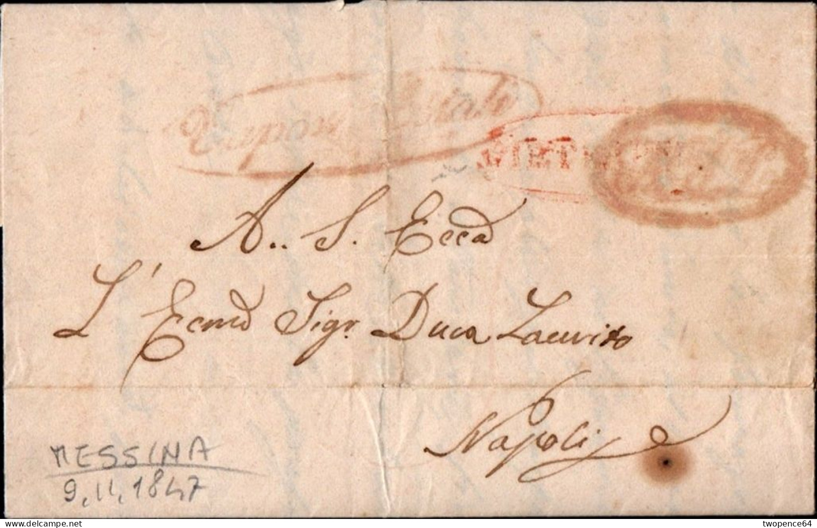 639 - LETTERA PREFILATELICA DA MESSINA A NAPOLI 1847 - VAPORI POSTALI - 1. ...-1850 Vorphilatelie