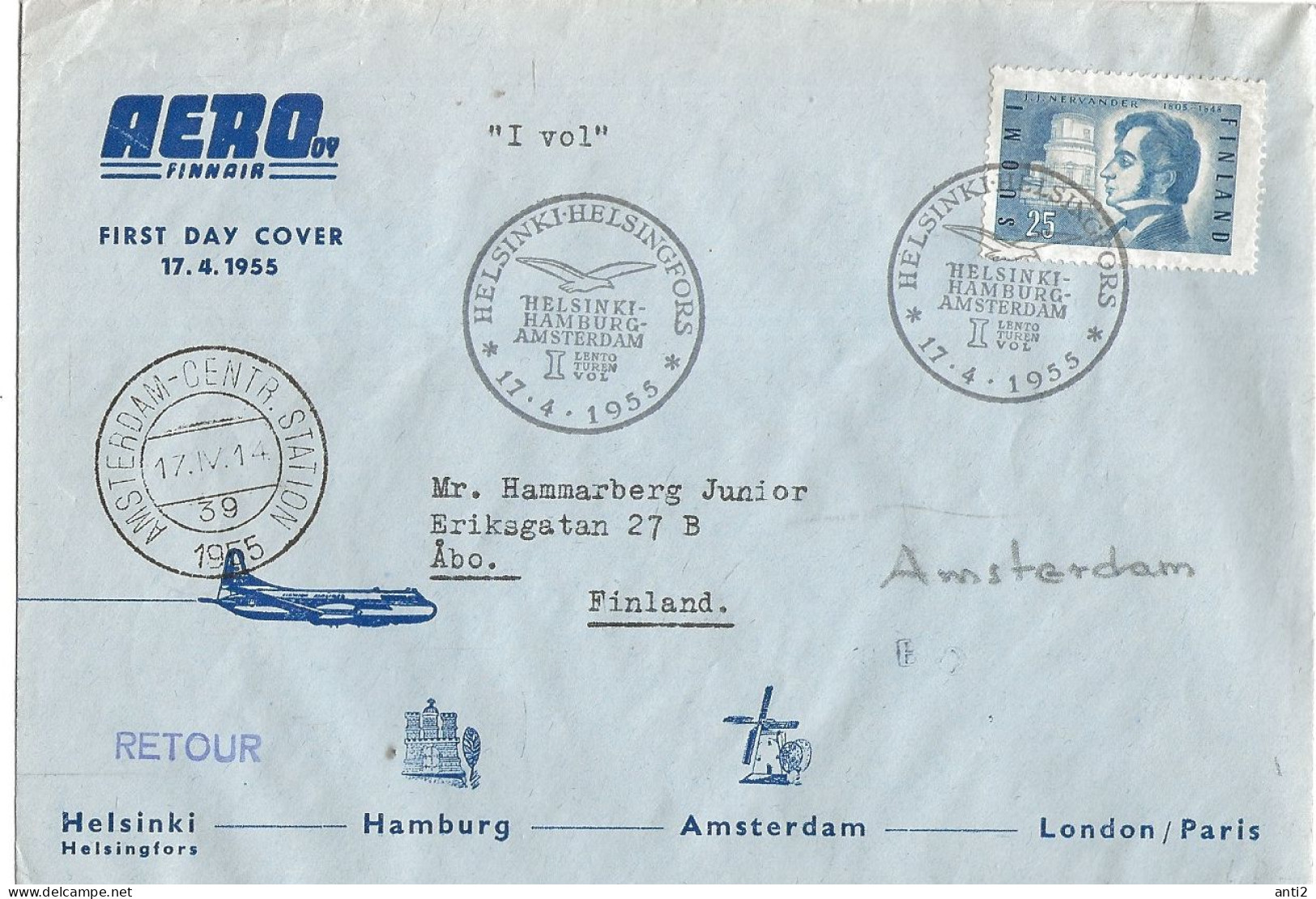 Finland   1955 Special Cover / Cancellation Tour Helsinki-Hamburg-Amsterdam - London/Paris  Mi 437 - Covers & Documents
