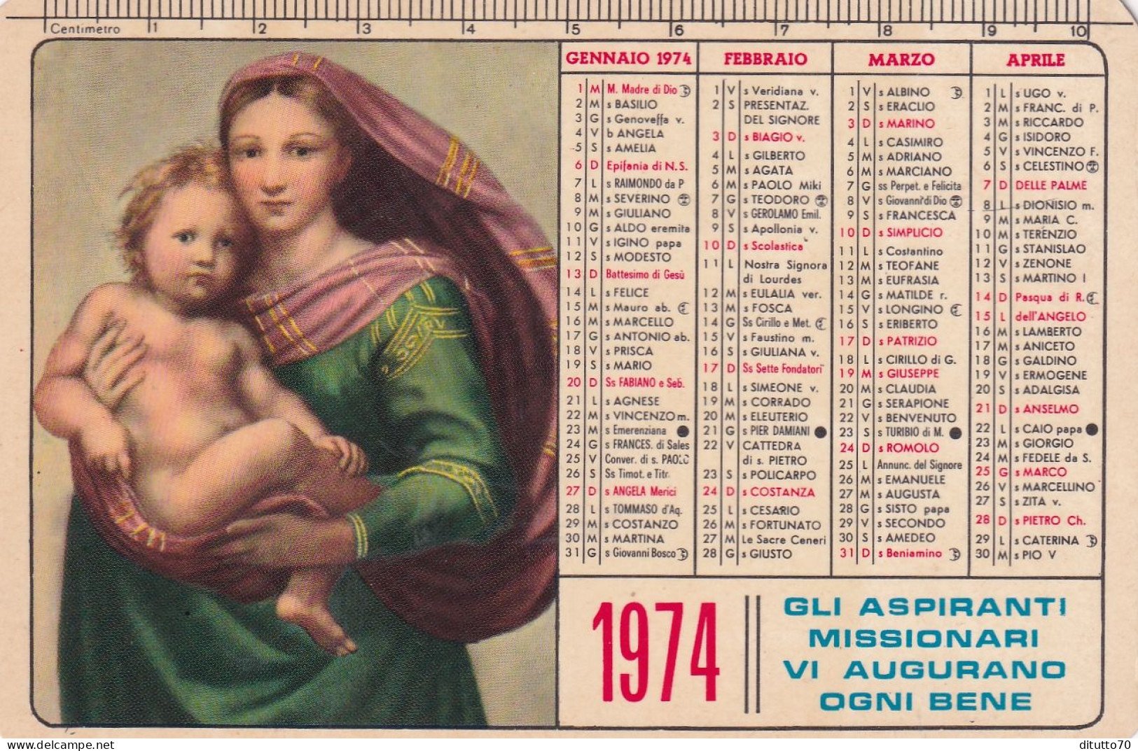 Calendarietto - Scuola Missionaria - Gesù Bambino - S. Antonio A Bate - Napoli - Anno 1974 - Petit Format : 1971-80