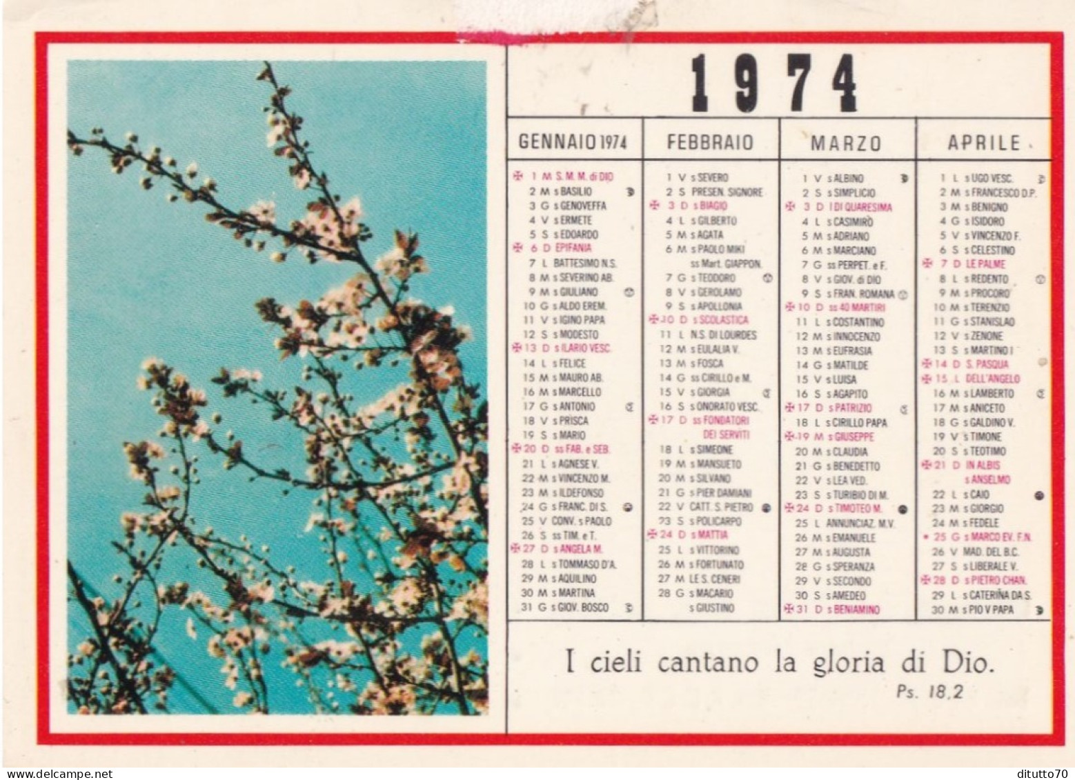 Calendarietto - Seminario Francescano - Lonigo - Vicenza - Anno 1974 - Formato Piccolo : 1971-80