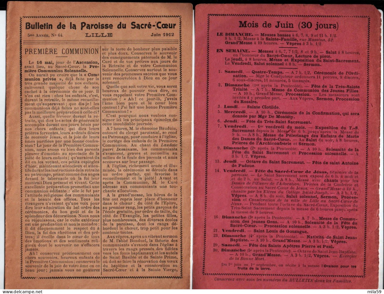 Bulletin De La Paroisse Du Sacré Coeur De Lille. Juin 1912. 8 Pages. - Non Classificati