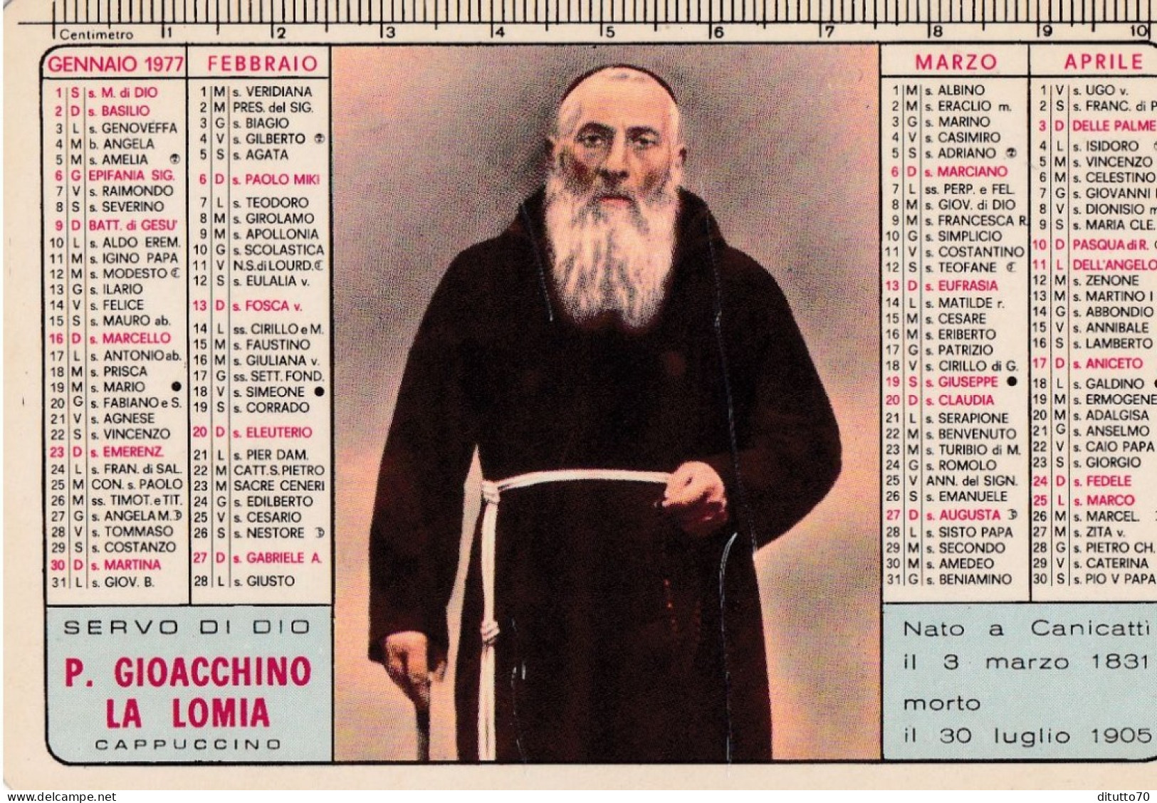 Calendarietto - Servo Di Dio P.gioacchino La Lomia - Vice Postulazione Pp.cappuccini - Canicatti - Agrigento - Anno 1977 - Small : 1971-80