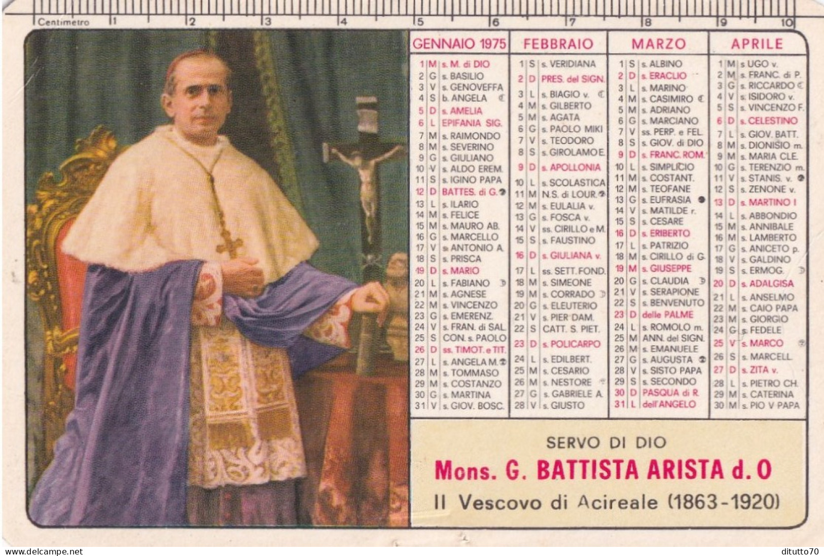 Calendarietto - Servo Di Diomons.g.battista Arista D.o. - Il Vescovo Di Acireale - Anno 1975 - Small : 1971-80