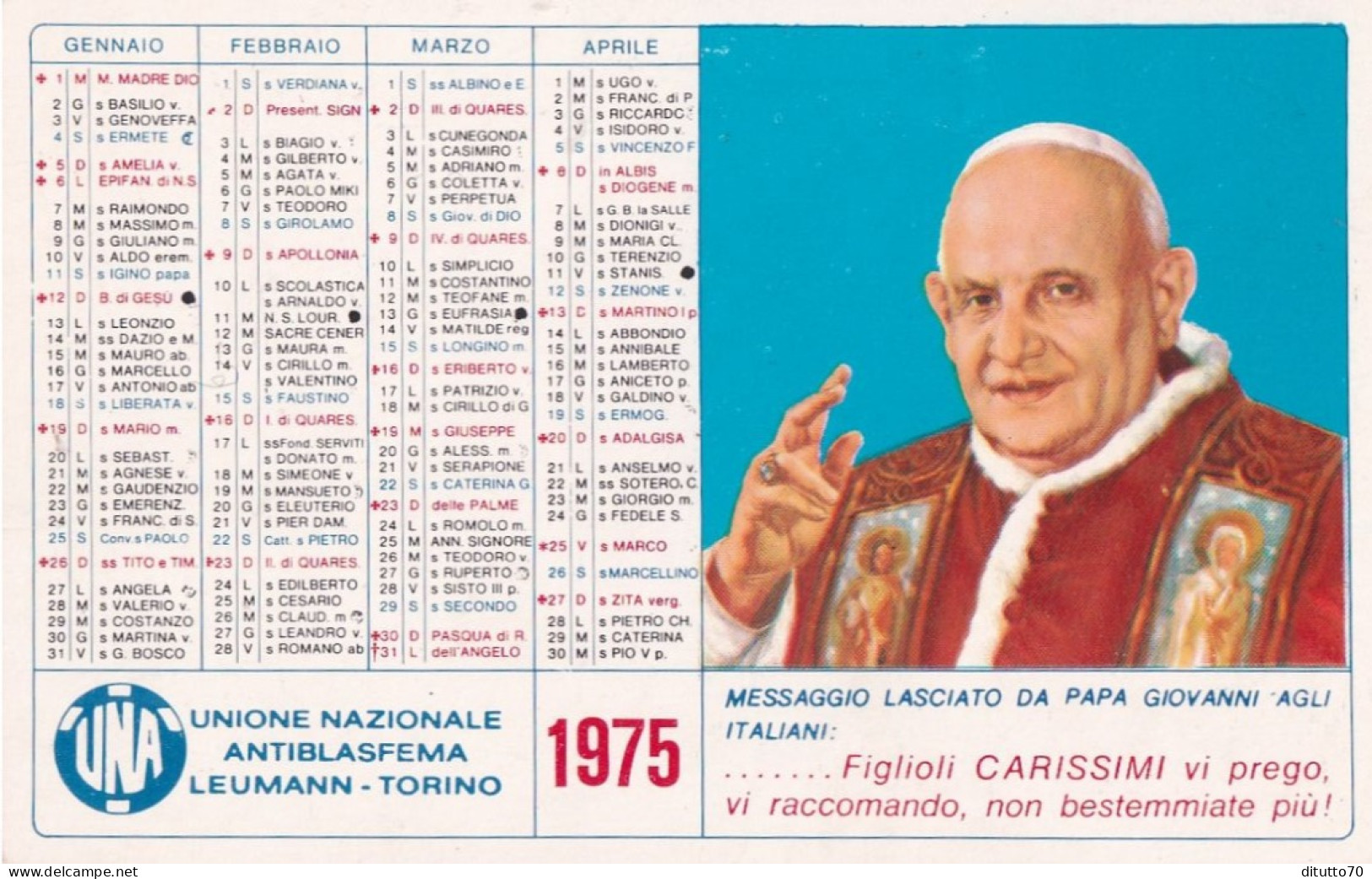 Calendarietto - Unione Nazionale Antiblasfema Leumann - Torino - Anno 1975 - Petit Format : 1971-80