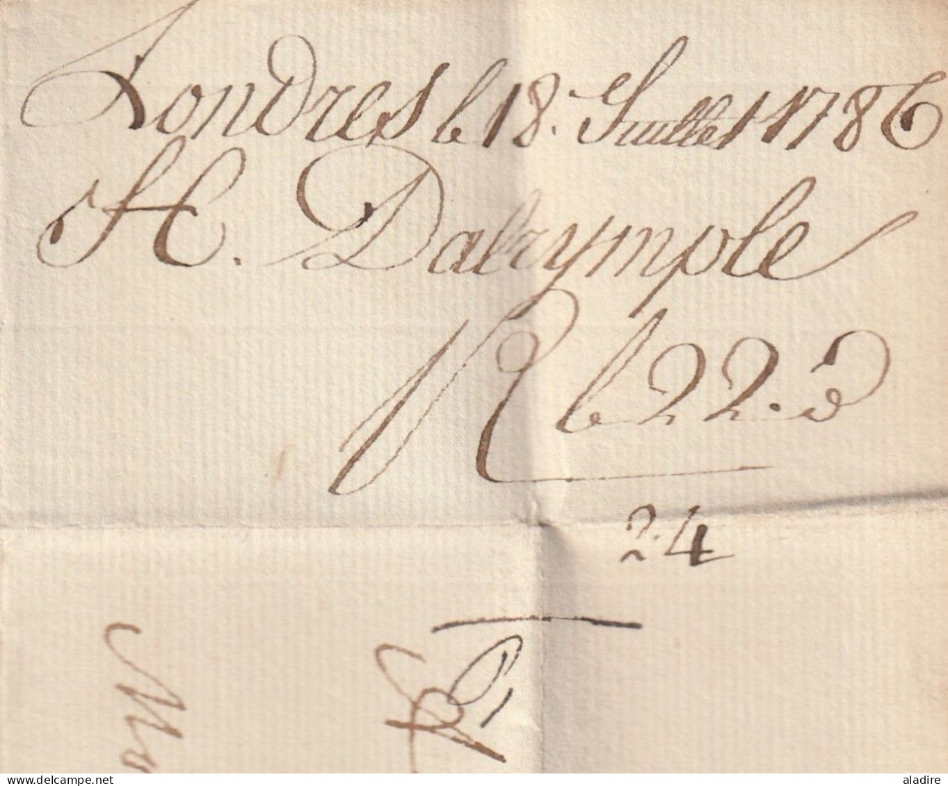 1786 - George III - Marque Postale DANGLETERRE Sur Enveloppe Pliée De London Londres Vers PARIS, France - Taxe 20 - Marcophilie