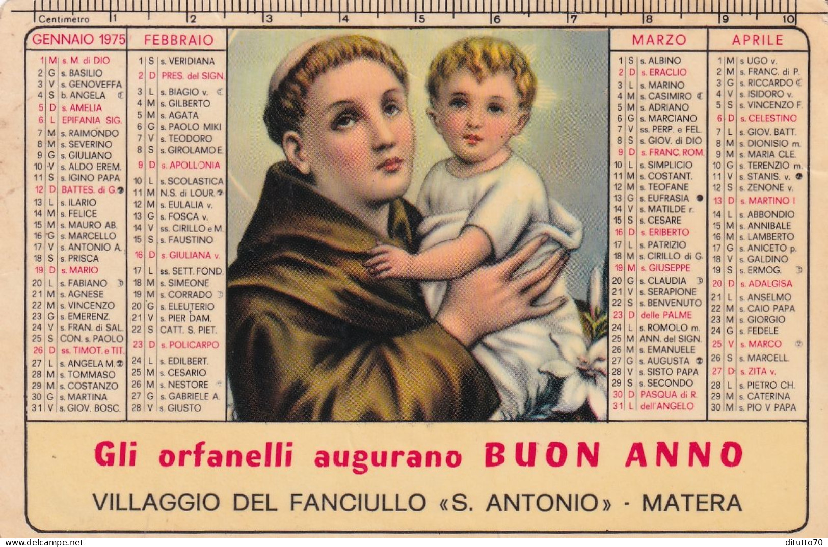 Calendarietto - Villaggio Del Fanciullo S.antonio - Pp.rogazionisti - Matera - Anno 1975 - Petit Format : 1971-80