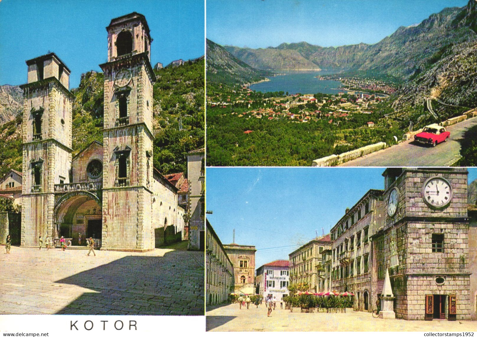 KOTOR, MULTIPLE VIEWS, ARCHITECTURE, CAR, LAKE, MOUNTAIN, TOWER WITH CLOCK, CHURCH, UMBRELLA, MONTENEGRO, POSTCARD - Montenegro