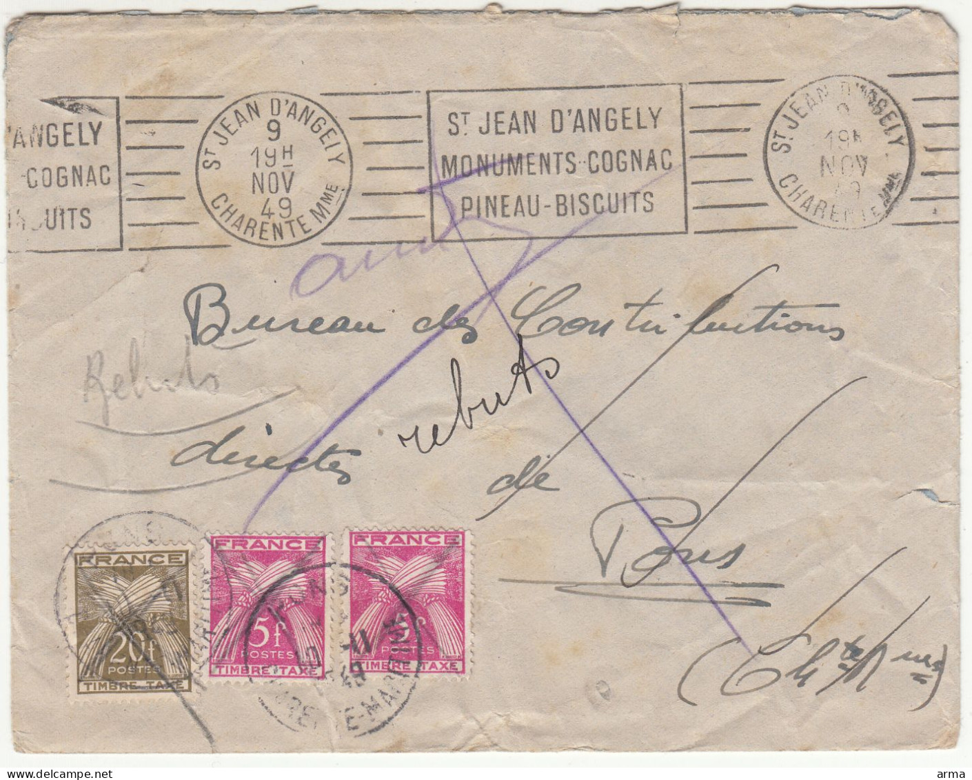 Taxe-rebuts  St Jean D'angely-Pons Enveloppe Nov 1949 - Used Stamps