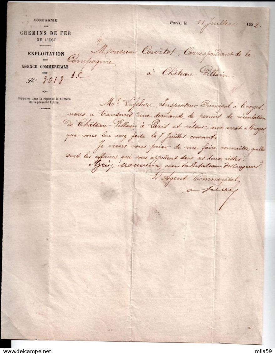 Cie Des Chemins De Fer De L'Est. à M. Courtot Correspondant De La Compagnie à Château Villain. 1882. - Non Classés