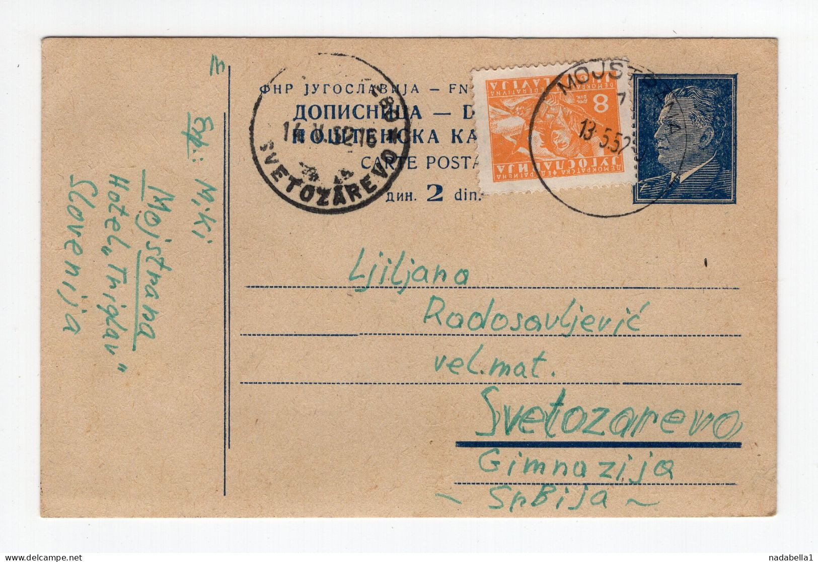 1952. YUGOSLAVIA,SLOVENIA,MOJSTRANA TO SVETOZAREVO,2 DIN. TITO STATIONERY CARD,USED - Postal Stationery