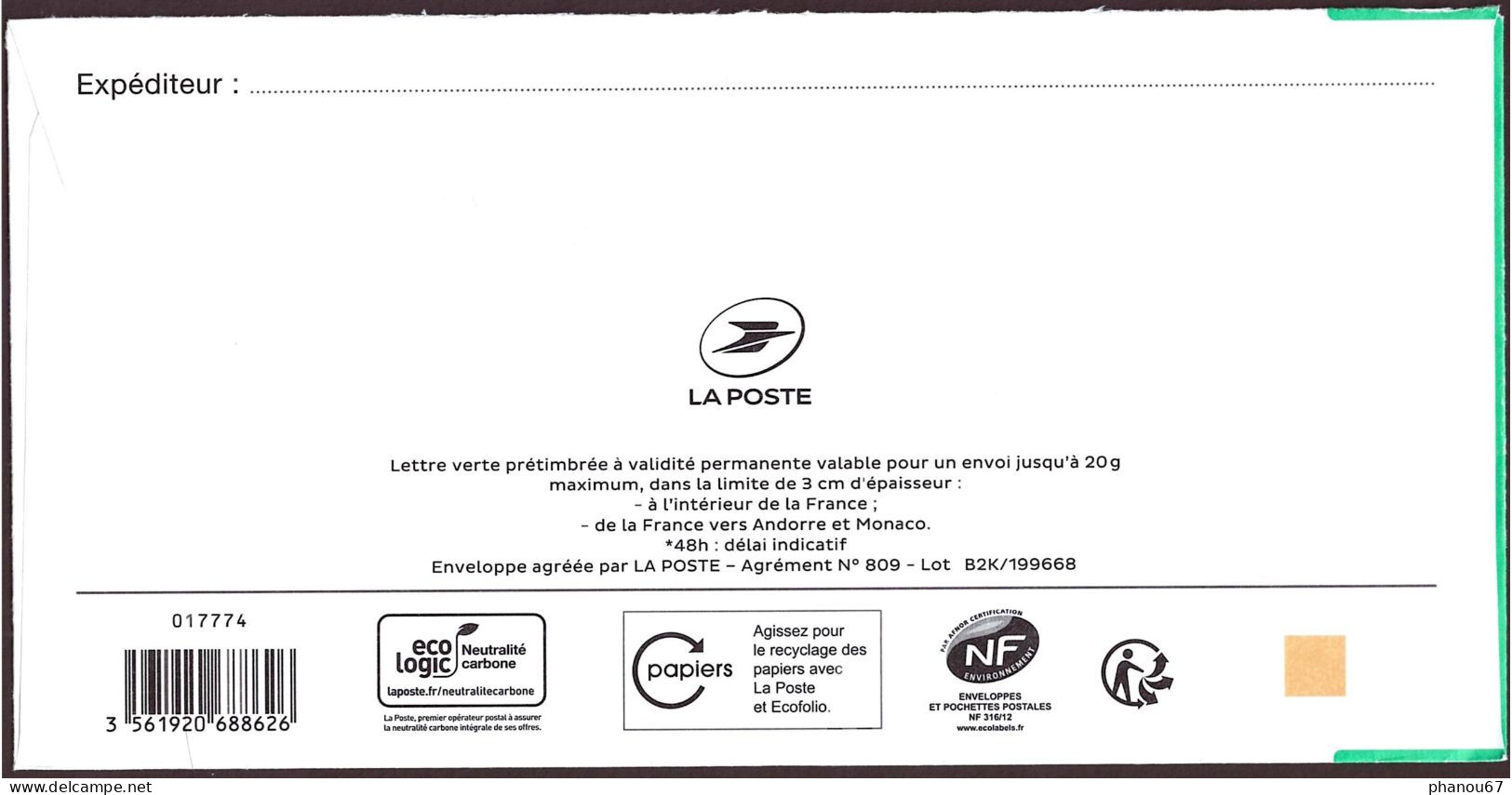France, PAP Lettre Verte 20 Gr, 2019 - Postales Tipos Y (antes De 1995)