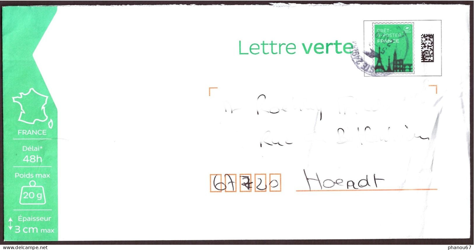 France, PAP Lettre Verte 20 Gr, 2019 Légèrement Abimée - Postales Tipos Y (antes De 1995)