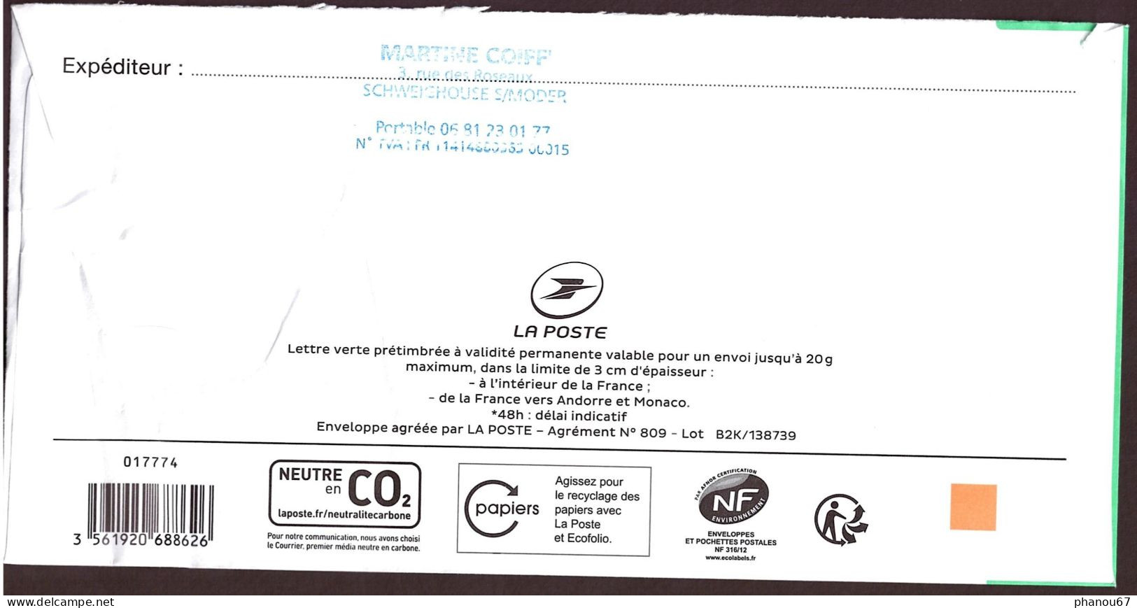 France, PAP Lettre Verte 20 Gr, 2019 Légèrement Abimée - Cartes Postales Types Et TSC (avant 1995)