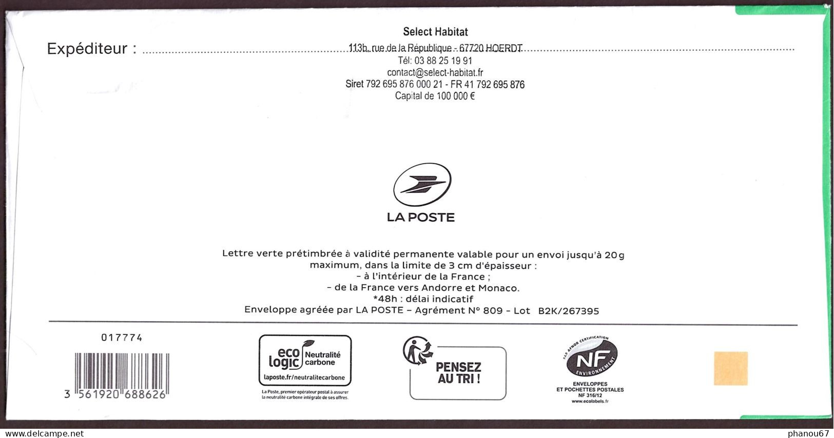 France, PAP Lettre Verte 20 Gr, 2019 - Cartes Postales Types Et TSC (avant 1995)