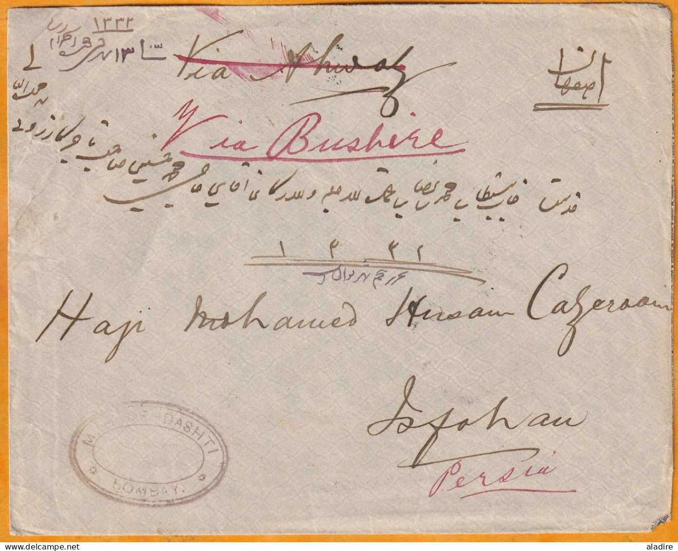 1908/9 - KEVII - Enveloppe De BOMBAY Mumbai, Inde, GB Vers اصفهان ISPAHAN, Iran Via BUSHIRE بوشهر - 1902-11  Edward VII