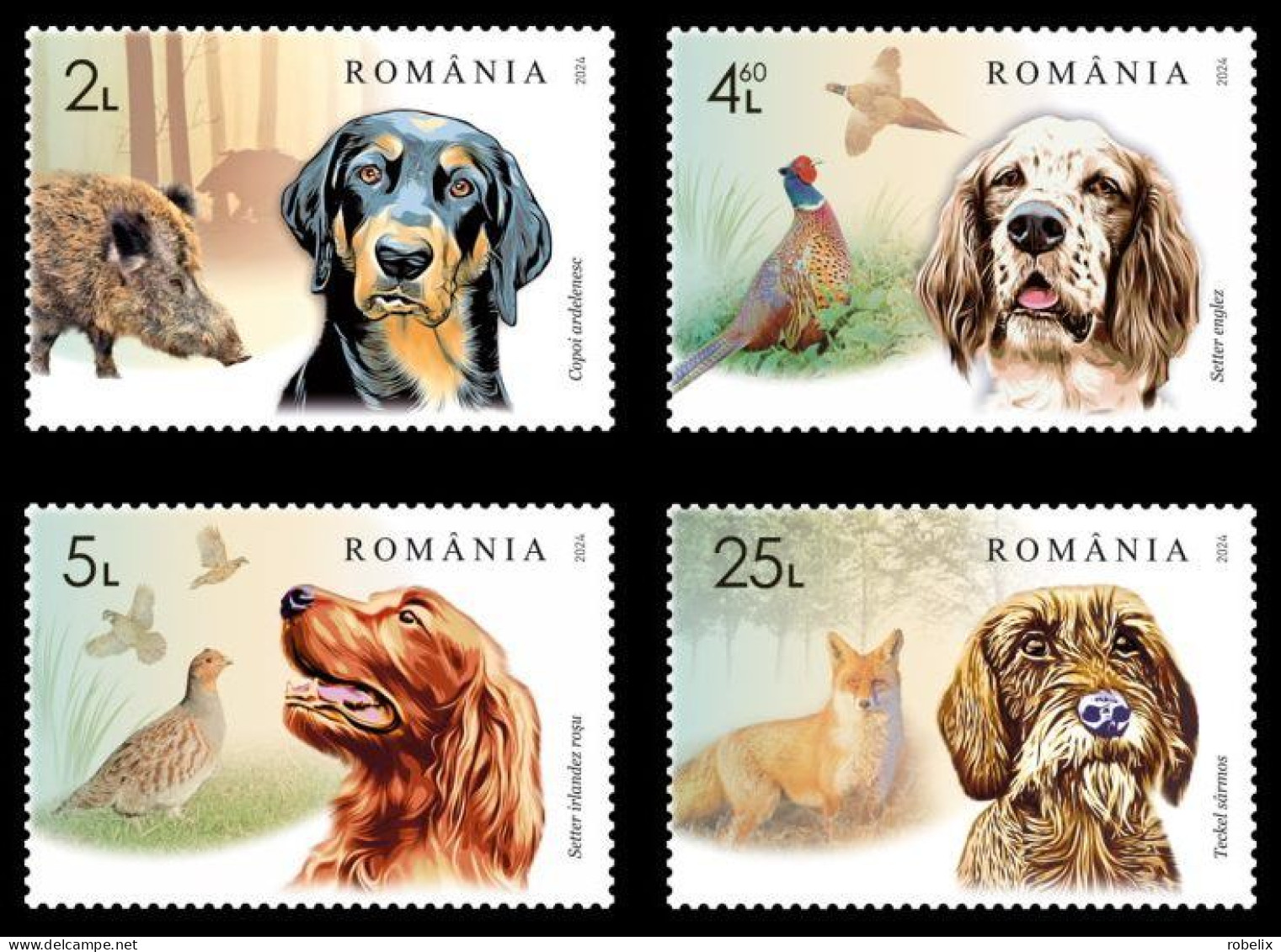 ROMANIA 2024 DOGS - HUNTING DOGS - WILD PIG, FOX, PHEASANT  Set Of 4 Stamps MNH** - Chiens