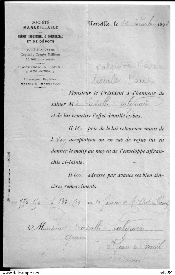 Sté Marseillaise Du Crédit Industriel & Com à Marseille à M. Paul Lasalle & Marie Falguière à St Jean De Breuil 1896. - Unclassified