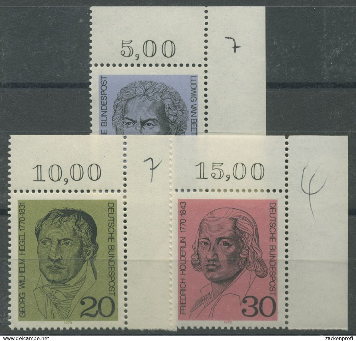 Bund 1970 Beethoven Hegel Hölderlin 616/18 Ecke 2 Oben Rechts Postfrisch (E204) - Ungebraucht