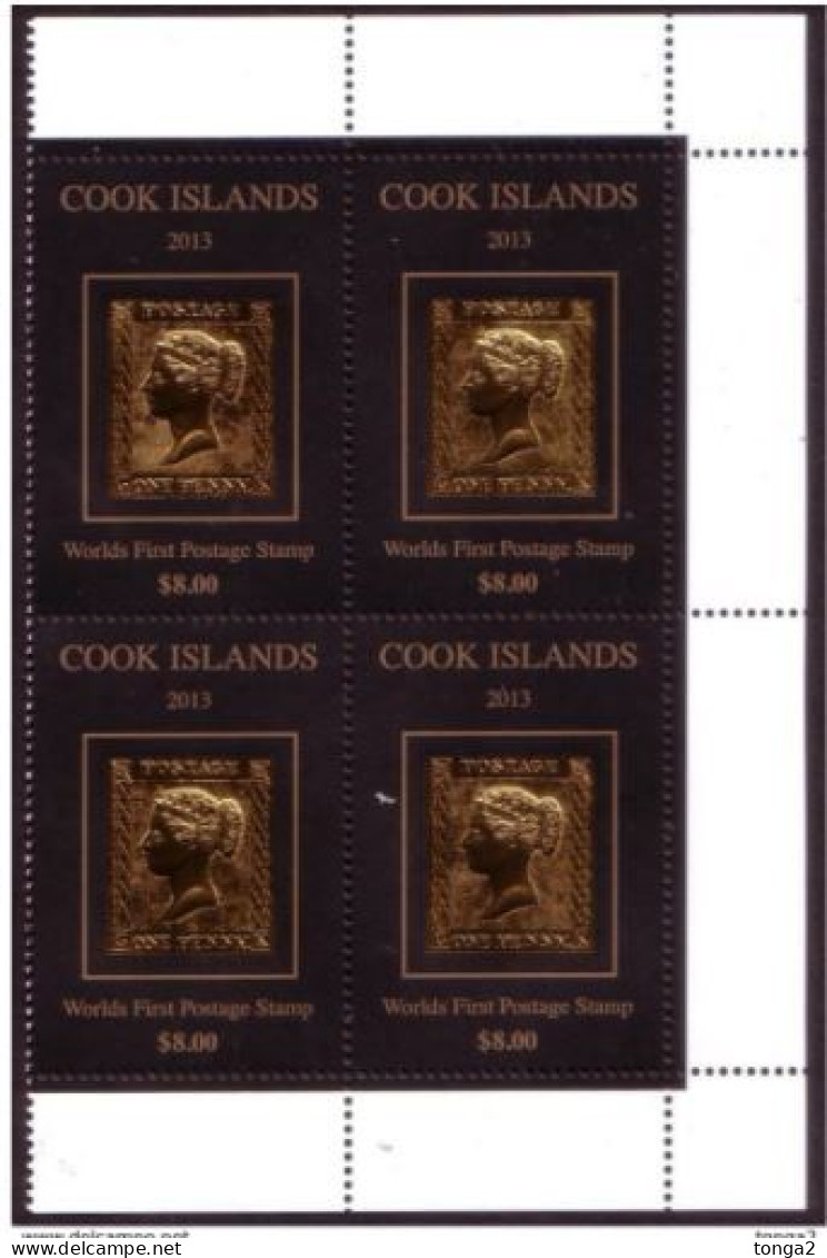 Cook Islands Block Of 4 MNH Stamp On Stamp 1d Black In 22 Carat Gold - Unusual - Cookeilanden