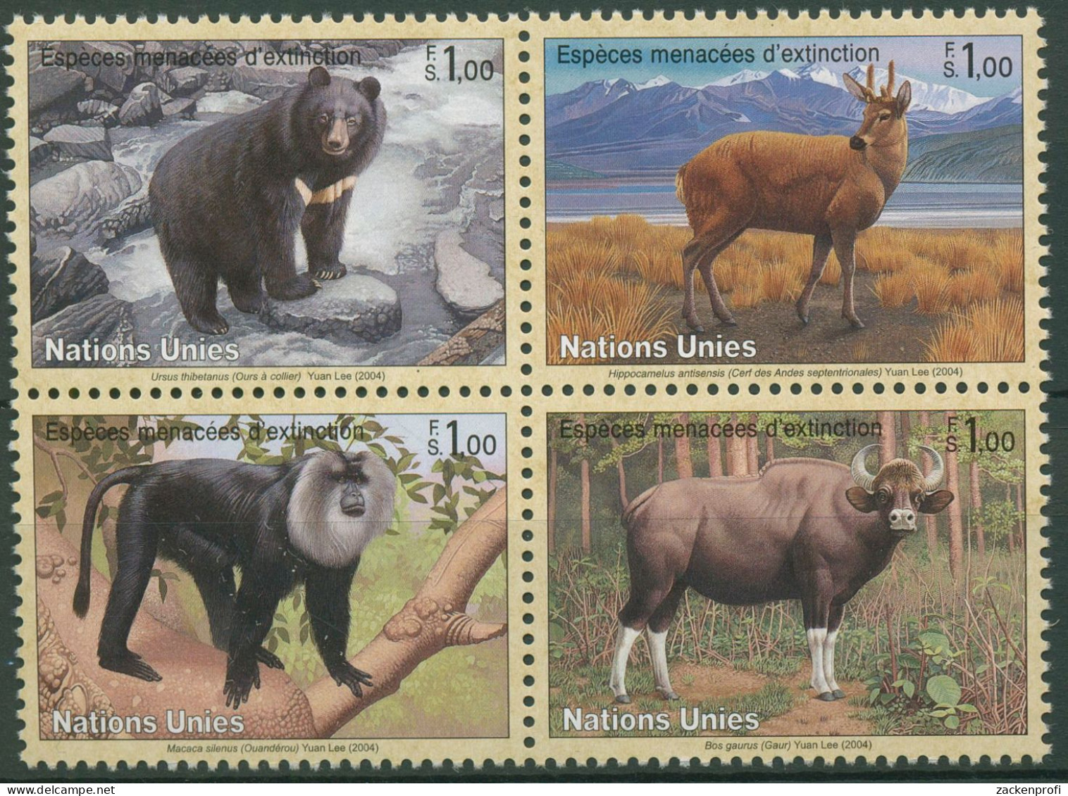 UNO Genf 2004 Gefährdete Tiere Bär Hirsch Affe Gaur 482/85 ZD Postfrisch - Unused Stamps