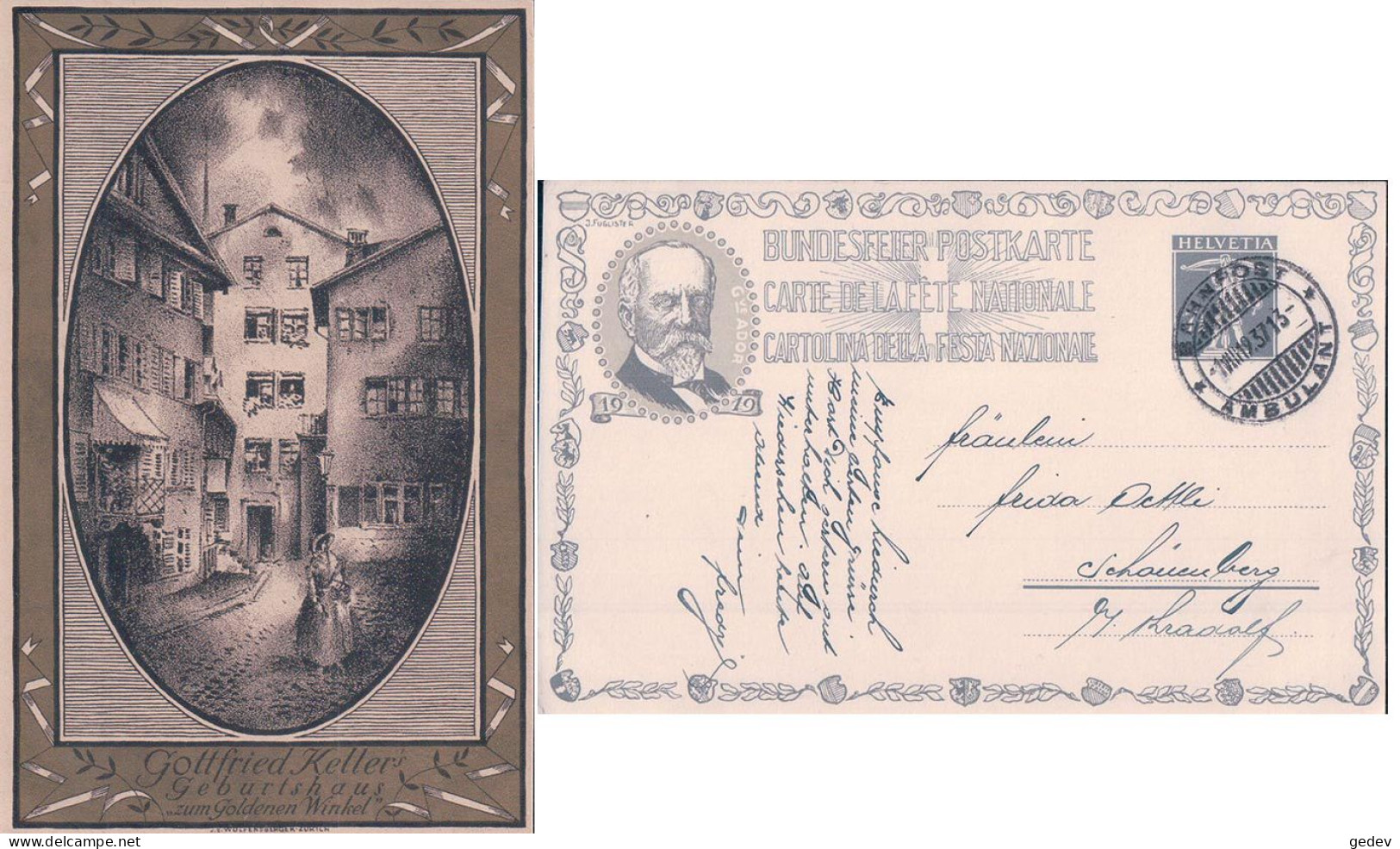 Carte Fête Nationale 1919, Gottfried Keller Geburtshaus, Cachet Ambulant 1.8.1919 (325) - Lettres & Documents