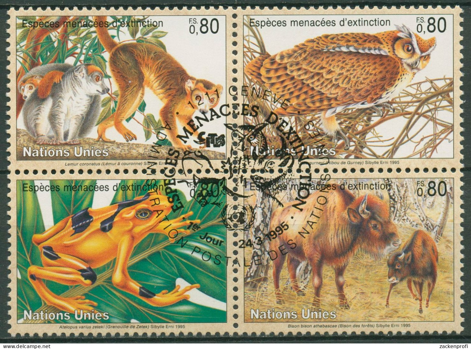 UNO Genf 1995 Gefährdete Tiere Lemur Eule Frosch Bison 263/66 ZD Gestempelt - Used Stamps