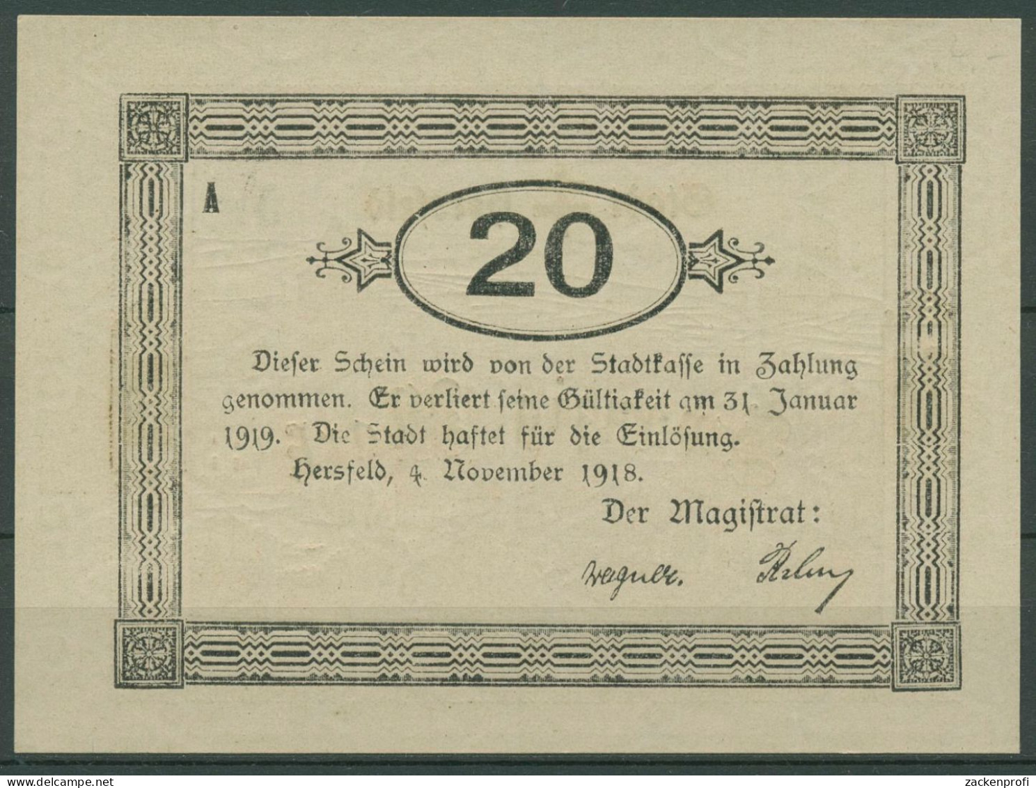 Hersfeld 20 Mark 1918, Geiger 231.08 C, Kassenfrisch (K816) - Sonstige & Ohne Zuordnung