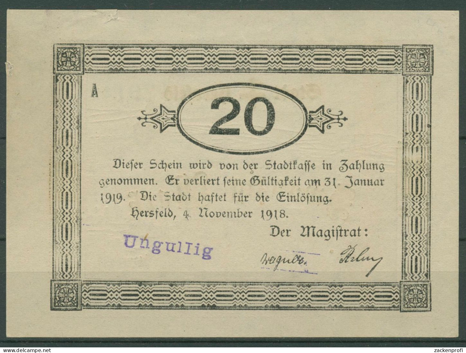 Hersfeld 20 Mark 1918, Geiger 231.08 C, Entwertet (K815) - Autres & Non Classés