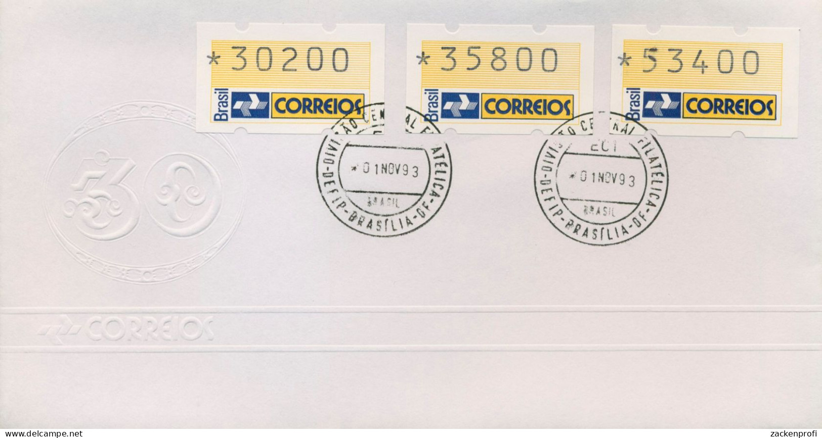 Brasilien 1993 Ersttagsbrief Satz 30200/35800/53400 ATM 4 S5 FDC (X80259) - Automatenmarken (Frama)