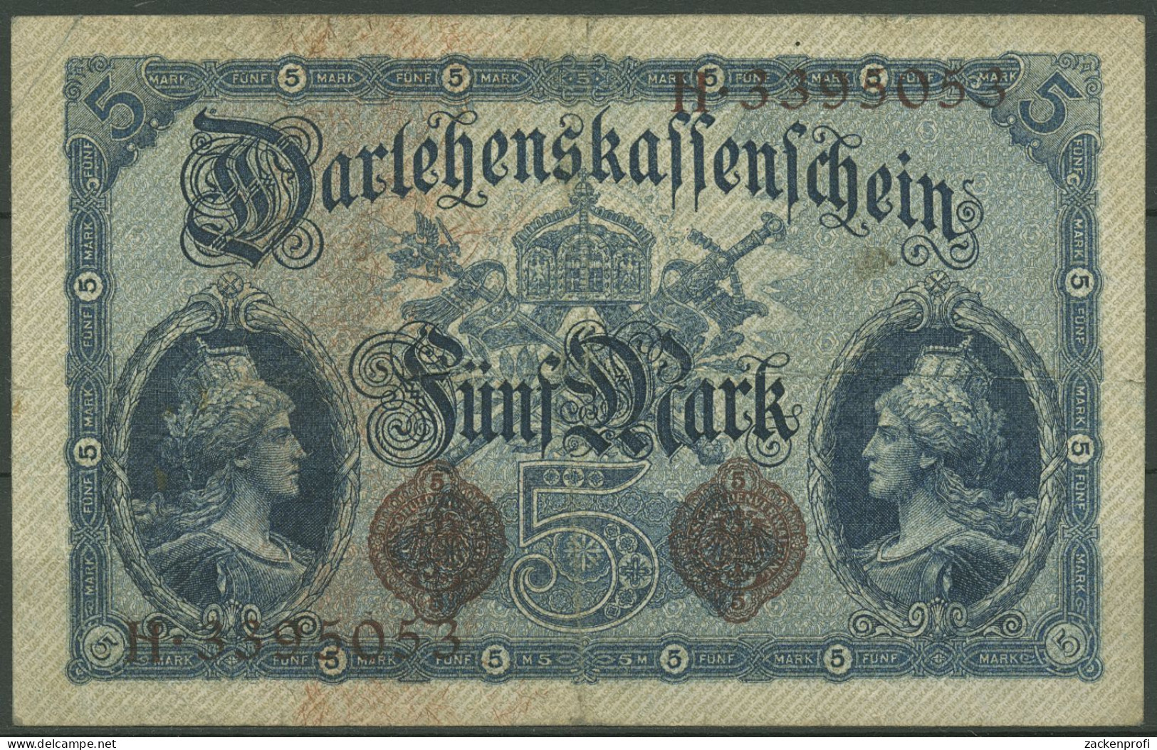 Dt. Reich 5 Mark 1914, DEU-54b Serie H, Gebraucht (K1524) - 5 Mark