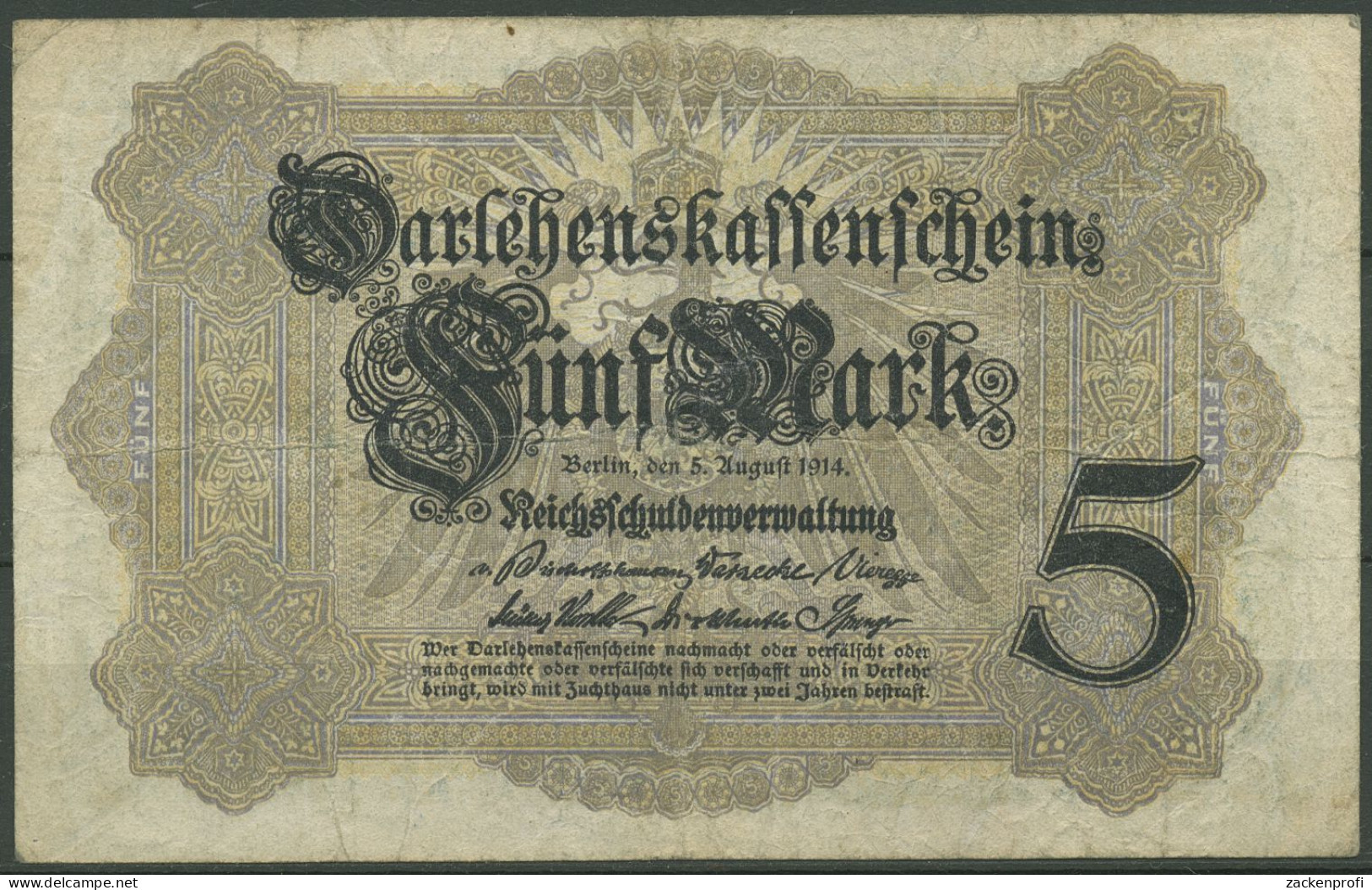 Dt. Reich 5 Mark 1914, DEU-54b Serie H, Gebraucht (K1524) - 5 Mark